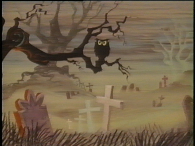 Owl in cemetery scene in "Mr. Magoo's Christmas Carol."