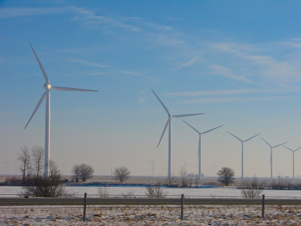 Wind turbines in an Indiana farm field